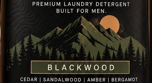 Blackwood label detail — cedar, sandalwood, amber and bergamot fragrance notes