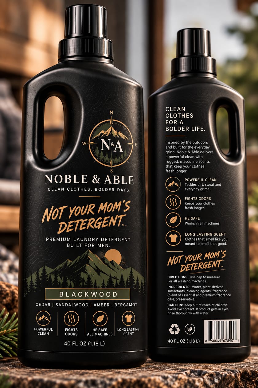 Noble & Able Blackwood premium laundry detergent for men — matte black 40 fl oz bottle, front and back, with cedar, sandalwood, amber and bergamot fragrance notes.